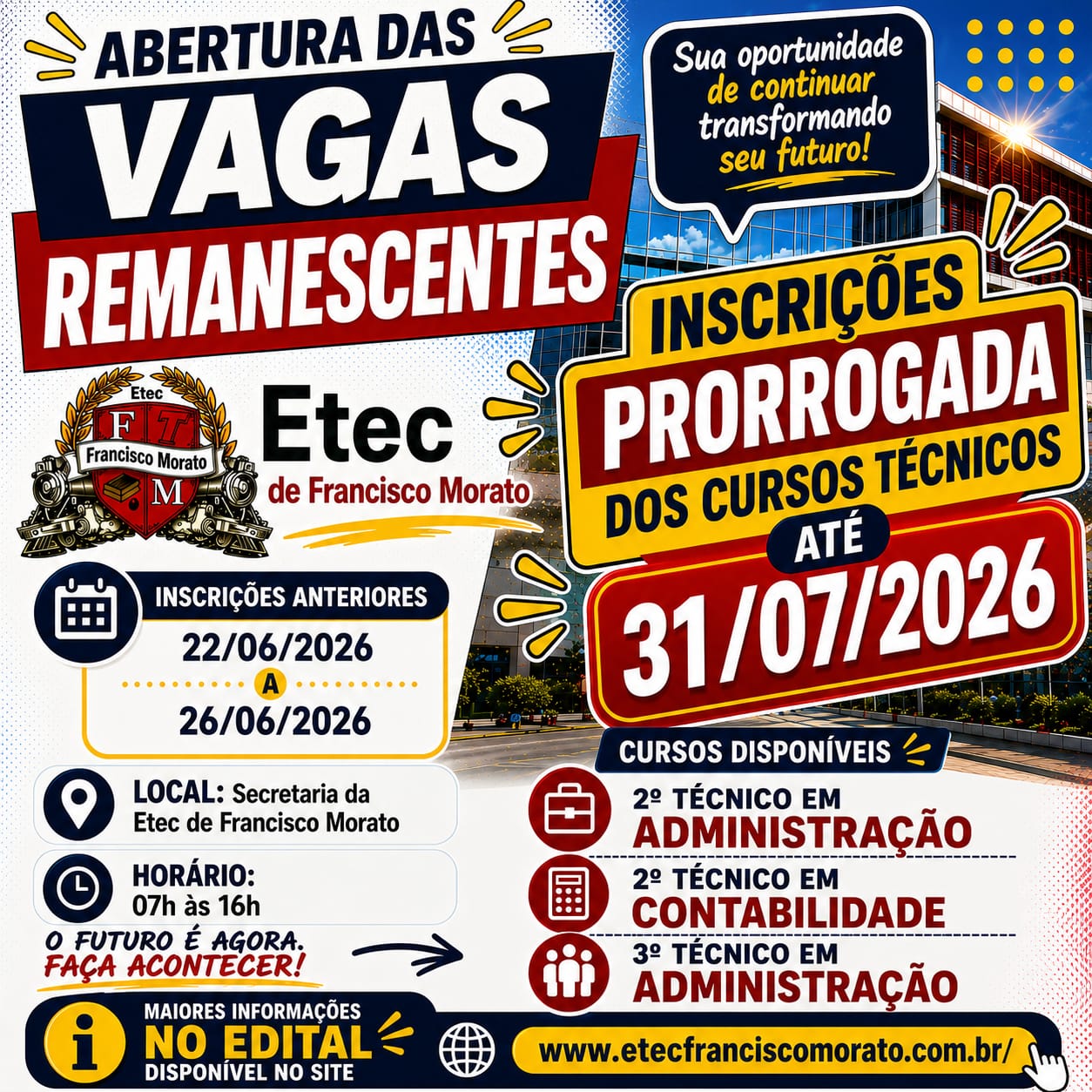Vagas Remanescentes - Técnicos Noturno - PRORROGADAS